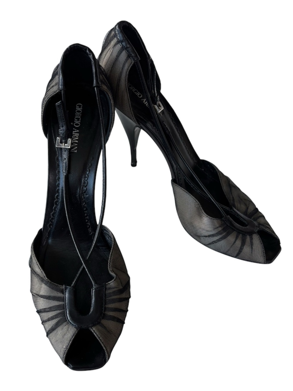 Giorgio Armani Mesh Ruched Peep Toe Ankle Strap Pump Heels Metallic38.5(US8/8,5)